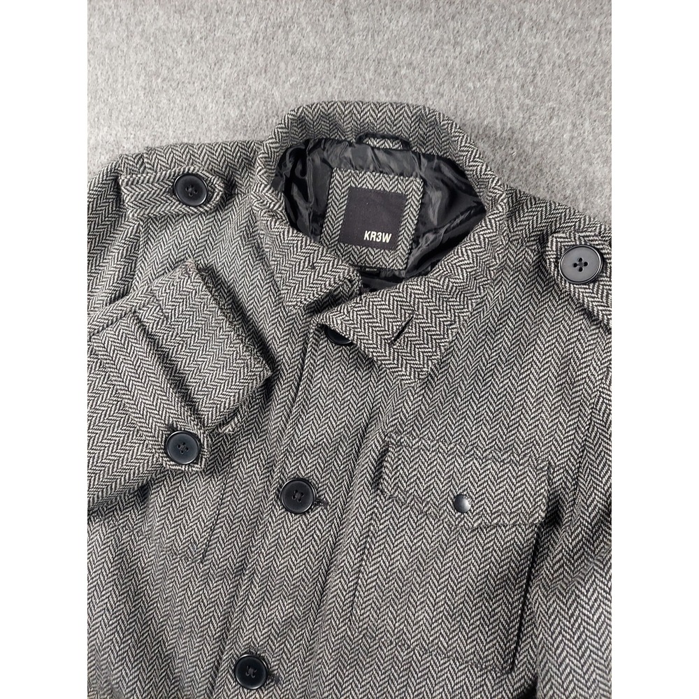 Kr3w Herringbone Field Jacket Mens Medium Gray Military Style Lined Pea Coat EUC